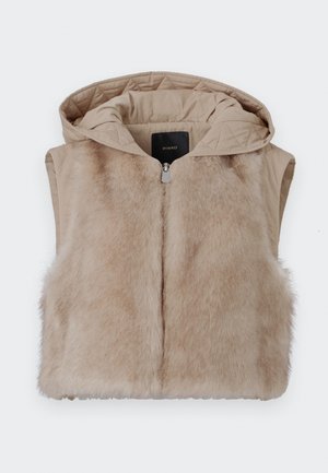 Gilet beige senza maniche con parte anteriore in pelliccia e retro in tessuto trapuntato. Caratterizzato da un cappuccio e una cerniera frontale. Texture morbida e design semplice.