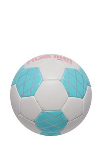 Palla da allenamento con un motivo geometrico bianco e azzurro chiaro, caratterizzata da una superficie texture e dettagli in rilievo. Logo del marchio in rosa.