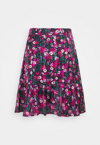 Jupe fleurie avec un fond noir et des fleurs roses, violettes et blanches. Design plissé, ourlet volanté, taille élastique. Tissu léger.