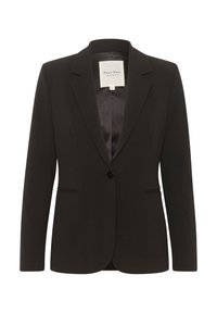 Blazer noir à coupe ajustée, revers crantés, fermeture à un bouton et deux poches avant. Texture lisse et intérieur doublé en satin.