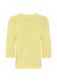 Gelber, gestrickter Pullover mit leichter Textur, Dreiviertelärmeln und Rundhalsausschnitt. Keine sichtbaren Muster oder Verzierungen.