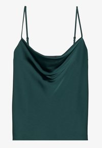 Camisola in satin color teal con spalline sottili regolabili, scollatura drappeggiata e texture liscia. Design semplice senza maniche, senza hardware visibile.