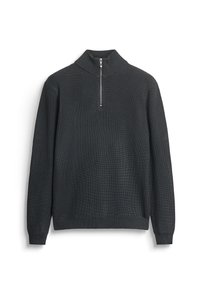 Donkergrijs pullovertrui met een hoge kraag, een halflange rits en een gestructureerd breipatroon. Lange mouwen en geribbelde manchetten.