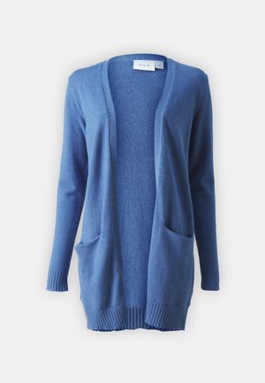 Blue cardigan made of soft fabric, featuring a V-neck, long sleeves, two front pockets, ribbed cuffs, and a relaxed fit.
