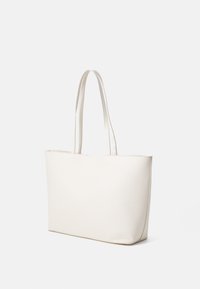 White tote bag with smooth textured synthetic material, rectangular shape, and two slender handles. Minimalist design, no visible hardware.