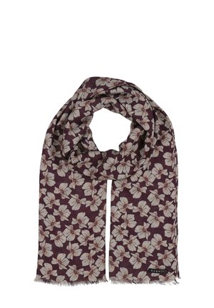 Floral scarf in deep burgundy with light cream flower pattern. Soft texture, rectangular shape, and fringed edges. Brand tag visible.