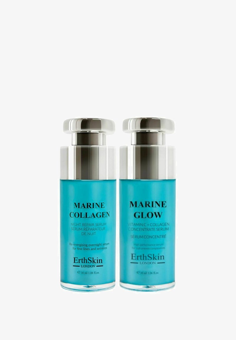 Two glass serum bottles with turquoise liquid. Silver screw caps and labels: “Marine Collagen” and “Marine Glow” in black text.