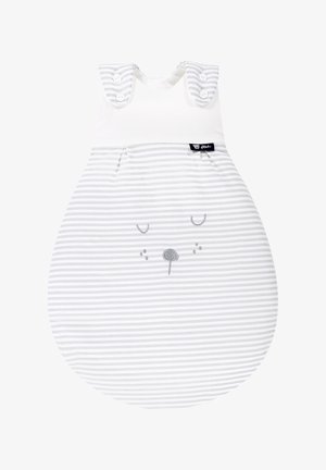 Gray and white striped baby sleeping bag with a rounded shape, featuring shoulder buttons and embroidered bear face details.