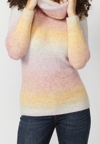 Knit turtleneck sweater with a gradient of pastel colors: pink, yellow, and blue. Features ribbed cuffs and hem. Soft texture.