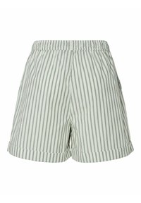 Shorts rayés vert clair et blancs avec une taille élastique et des poignets roulés. Fabriqués en tissu doux, avec des poches latérales pour plus de fonctionnalité.