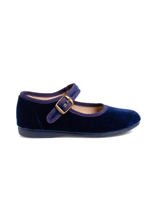 Navy blue velvet Mary Jane shoe with a rounded toe and adjustable strap featuring a gold-tone buckle, textured trim, and flat sole.