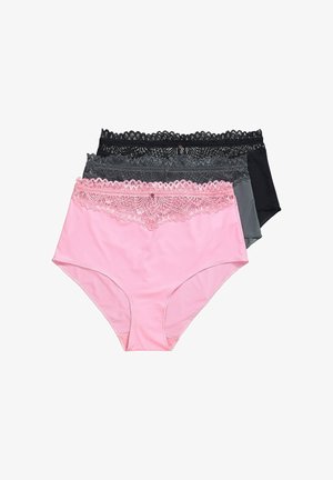 Drei Paare von Damen-Hüfthosen in Pink, Grau und Schwarz, mit Spitzendetails am Bund und glattem Stoff.