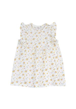 Blumenbedrucktes Kleid mit Rüschenärmeln, weißer Grundfarbe, mit gelben, rosa und grünen Blumen, leichtes Material, Knopfverschluss hinten.