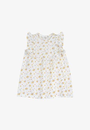 Robe à imprimé floral avec des manches à volants, base blanche, ornée de fleurs jaunes, roses et vertes, en tissu léger, fermeture à bouton au dos.