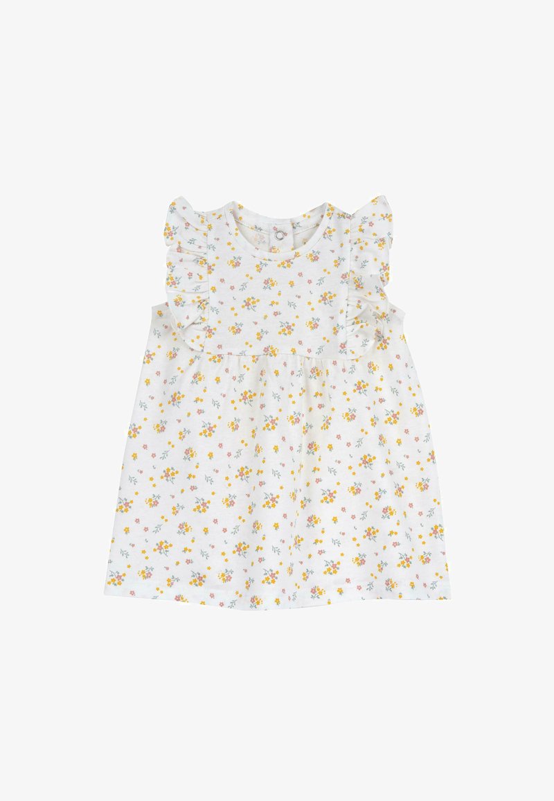 Robe à imprimé floral avec des manches à volants, base blanche, ornée de fleurs jaunes, roses et vertes, en tissu léger, fermeture à bouton au dos.