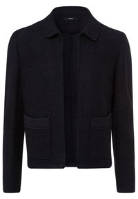 Black wool jacket featuring a collared neckline, two front pockets, and a straight cut design with a soft texture.