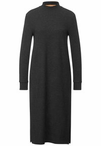 Dunkelgraues, gestricktes Kleid mit Stehkragen, langen Ärmeln, gerippten Bündchen und seitlichen Schlitzen für mehr Bewegungsfreiheit. Glatte Textur.