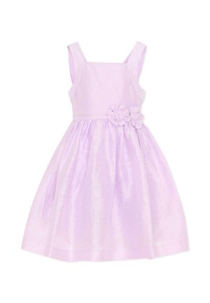 Vestito da toddler lilla chiaro senza maniche con gonna arricciata e due fiori di stoffa sul lato destro della vita.