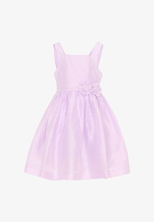 Vestito da toddler lilla chiaro senza maniche con gonna arricciata e due fiori di stoffa sul lato destro della vita.