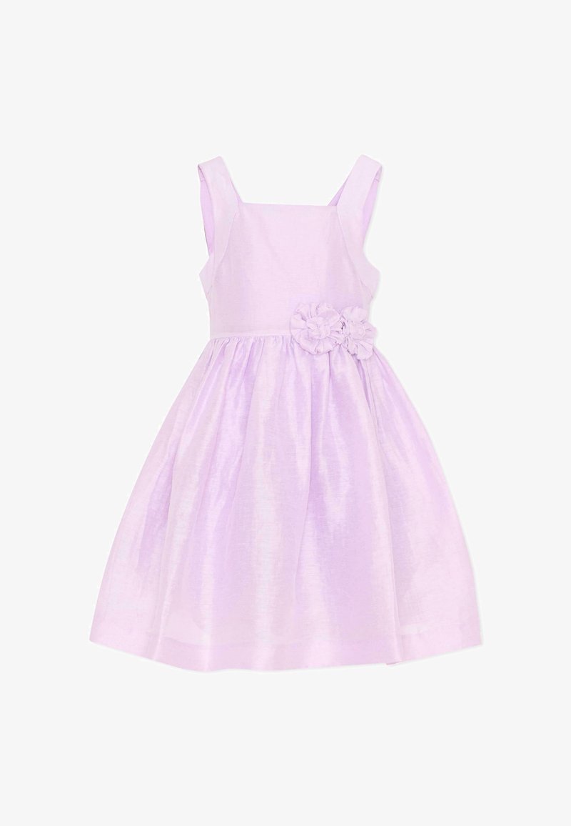 Lichtpaarse mouwloze peuterjurk met geplooide rok en twee stoffen bloemen aan de rechterkant van de taille.