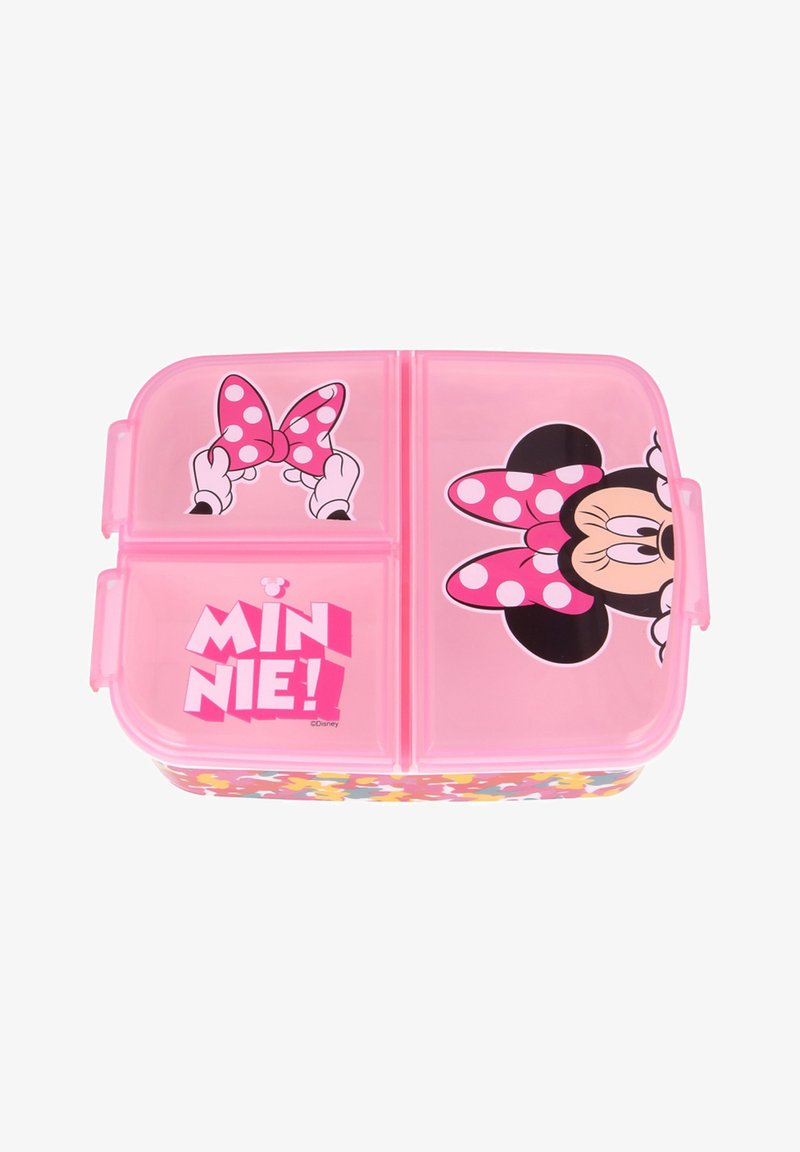 Boîte à lunch en plastique rose avec deux compartiments, présentant des graphismes de Minnie Mouse et des accents à pois. Texte : "MINNIE !" en lettres en gras.