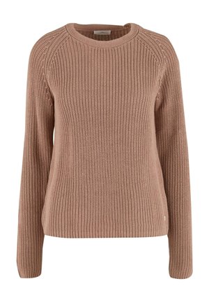 Világosbarna kötött pulóver, kerek nyakkivágással, hosszú ujjal, texturált bordázással és egyenes szegéllyel. Nincs látható logó vagy mintázat.