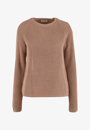 Hellbrauner gestrickter Pullover mit Rundhalsausschnitt, langen Ärmeln, strukturiertem Rippenmuster und geradem Saum. Keine sichtbaren Logos oder Muster.