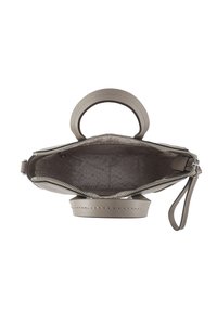 Sac à main gris clair avec fermeture éclair, poignées rondes et extérieur en cuir lisse. L'intérieur présente une doublure à motif.