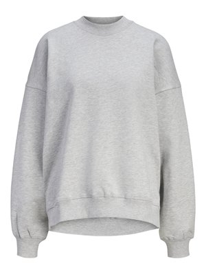 Sweat-shirt gris clair à manches longues avec poignets côtelés, col rond côtelé et ourlet arrière légèrement plus long.