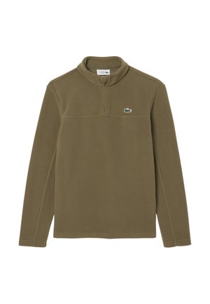 Fleece-Pullover in Olivgrün mit einem Viertel-Reißverschluss am Kragen. Verfügt über ein kleines, grünes, gesticktes Logo auf der Brust und Flatlock-Nähte.