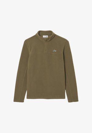 Fleece pullover in olijfgroen, met een kraag met een kwart ritssluiting. Voorzien van een klein groen geborduurd logo op de borst en platgestikte naden.