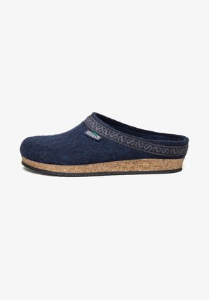 Navy wool clog with a cork sole and a patterned dark band around the top. Features a logo label on the side. Flat, open-back design.