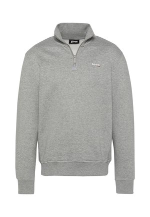 Grauer Viertelreißverschluss-Pullover aus weichem Stoff, mit hohem Kragen, gerippten Bündchen und Saum, sowie einem kleinen Logo auf der Brust.