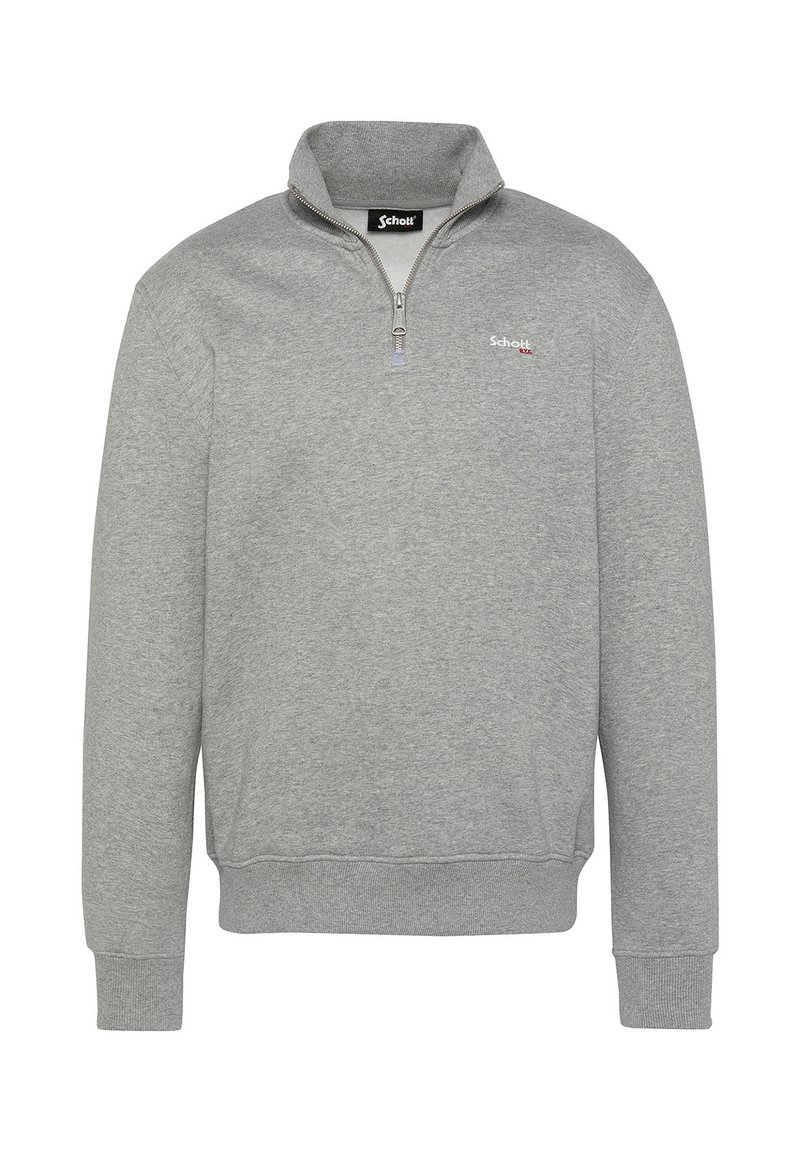 Sudadera gris con cremallera de cuarto de pulgada, hecha de una tela suave, con un cuello alto, puños y cintura acanalados, y un pequeño logotipo en el pecho.