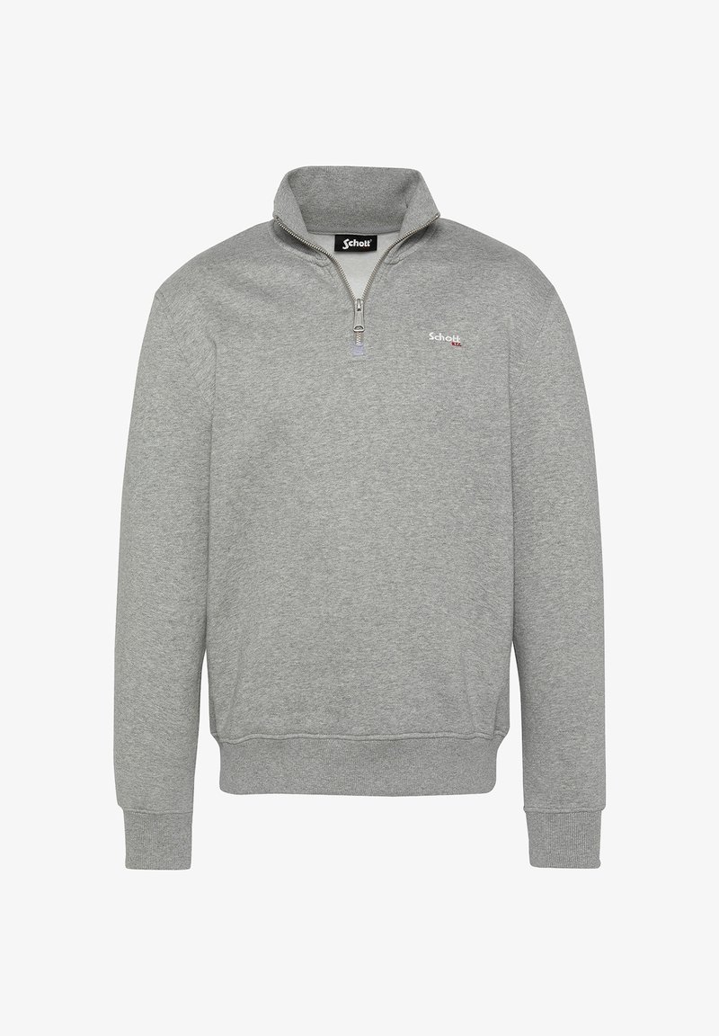 Sudadera gris con cremallera de cuarto de pulgada, hecha de una tela suave, con un cuello alto, puños y cintura acanalados, y un pequeño logotipo en el pecho.