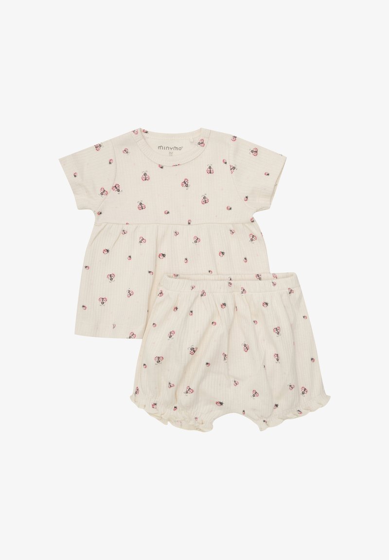Katoenen outfit set met een T-shirt met korte mouwen en bijpassende shorts, beide in een lichte crèmekleur met lieveheersbeestjespatronen.