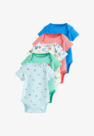 Fem kortærmede babybodyer i blå, rød, grøn og hvid med legende mønstre og blødt bomuldsstof. Trykknapper i bunden.
