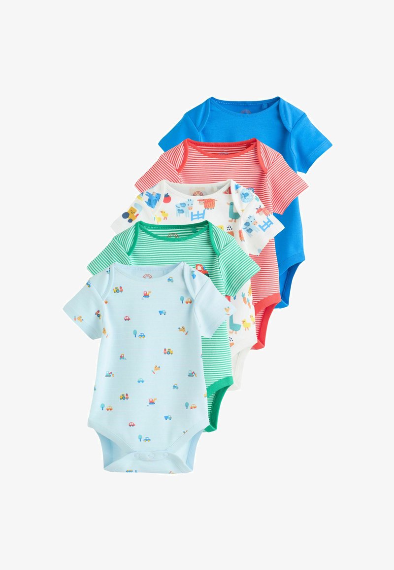 Öt rövid ujjú babafelső kék, piros, zöld és fehér színekben, játékos mintákkal és puha pamut anyagból. Patenttal záródnak az alján.