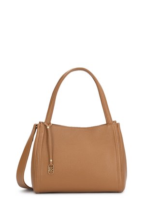 Kožená kabelka v hnedej farbe s textúrovaným povrchom, dvoma hornými rúčkami a voliteľným ramenným popruhom. Má kovové doplnky v zlatej farbe.