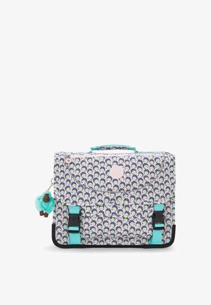 Mochila multicolor con un tejido estampado, que presenta un fondo color morado claro, acentos en azul verdoso, un logo circular y un llavero de gorila.