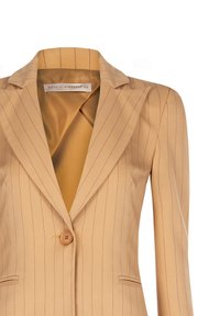 Beige Blazer mit Nadelstreifen und einem Knopfverschluss. Verfügt über Spitzrevers und zwei vordere Taschen. Glattes, tailliertes Material. Gefüttertes Innenfutter.