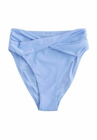 Svijetloplava bikinica s dizajnom na prednjoj strani uvrnutog izgleda. Izrađena od glatke tkanine, ima nabranu stranu i srednju visinu kroja.