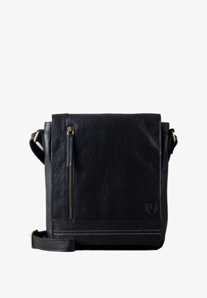 Black leather crossbody bag with a textured surface, a front zip pocket, and a shoulder strap. Features contrasting stitching and logo detail.