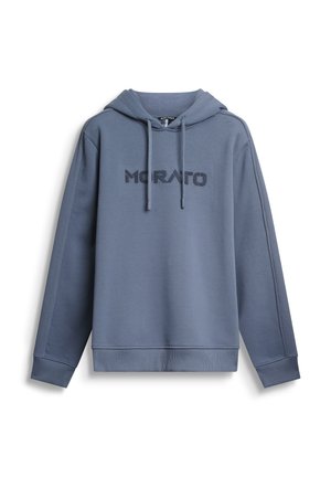 Felpa blu in cotone con tasca frontale, cappuccio con cordino e logo ricamato "MORATO". Caratterizzata da polsini e orlo a costine.