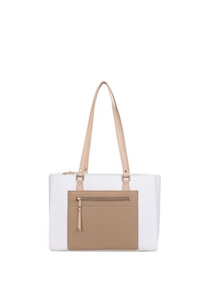 Borsa rettangolare bianca e beige con lunghi cinturini beige per la spalla e tasca frontale con cerniera.