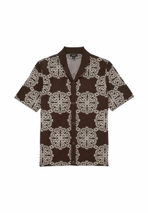 Brązowa koszula z krótkim rękawem na guziki, ozdobiona białymi, misternymi, symetrycznymi wzorami kwiatowymi i klasycznym kołnierzykiem.