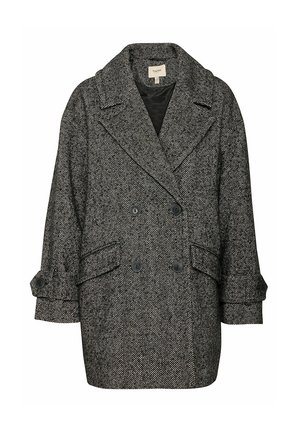 Dobbeltradet frakke i sort og hvidt hørmønster, med store revers, sidelommer og knappede ærmer.