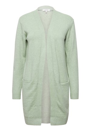 Light green open-front cardigan with long sleeves, two front pockets, ribbed cuffs, and a soft texture.