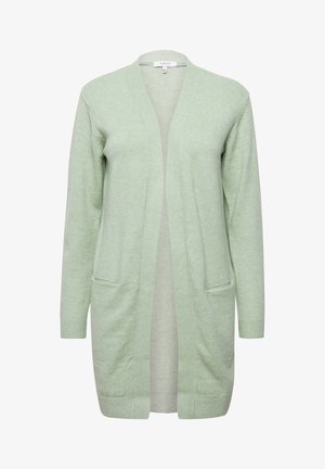 Hellgrüne, offen tragbare Strickjacke mit langen Ärmeln, zwei vorderen Taschen, gerippten Bündchen und einer weichen Textur.