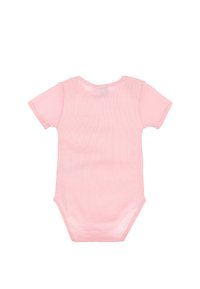 Korte mouwen babyromper in roze katoen, met een geribbelde textuur en drukknoopsluiting aan de onderkant voor gemakkelijke aankleedbaarheid.